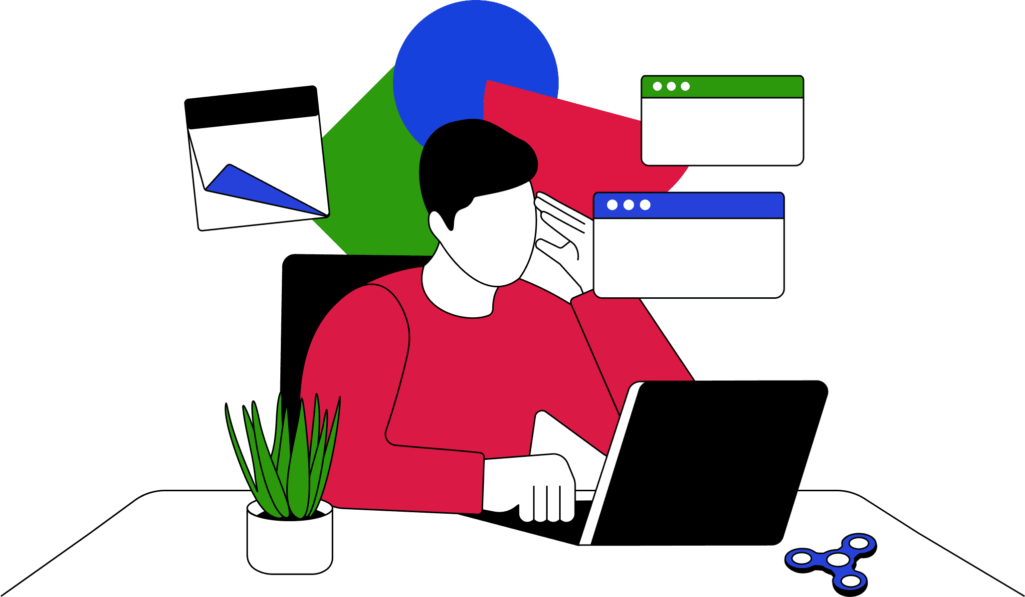 Person with ADHD working at computer with multiple browser windows and colourful geometric shapes around them, illustrating cognitive accessibility challenges and the need for clear, structured web design