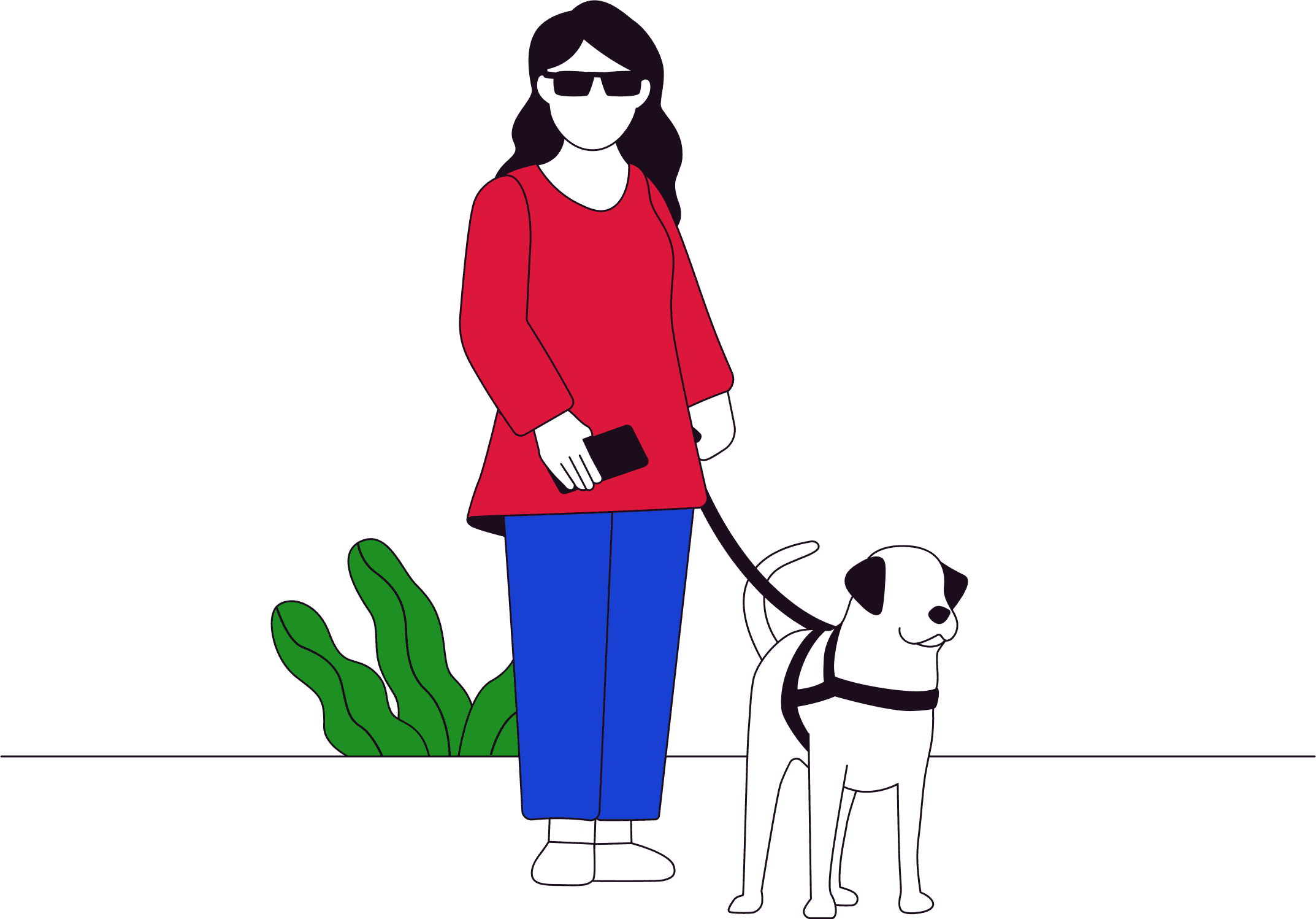 Illustration of a woman with sunglasses walking with a guide dog, representing visual accessibility and inclusive design