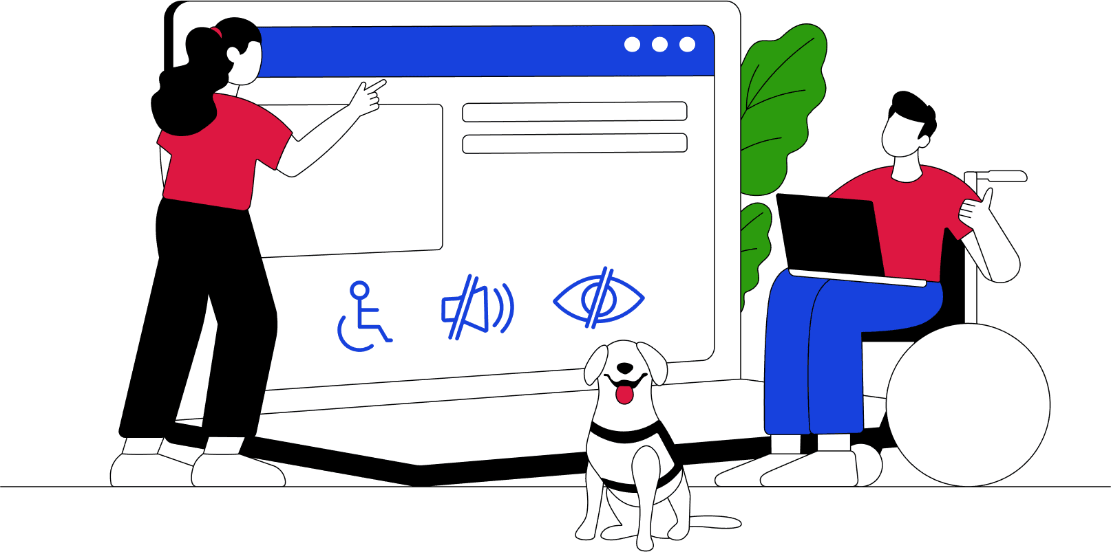 Digital accessibility illustration showing people working together to create accessible websites with accessibility icons