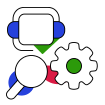Manual + AI-Assisted Reviews: magnifying glass examining a gear, representing detailed manual review combined with automated technology