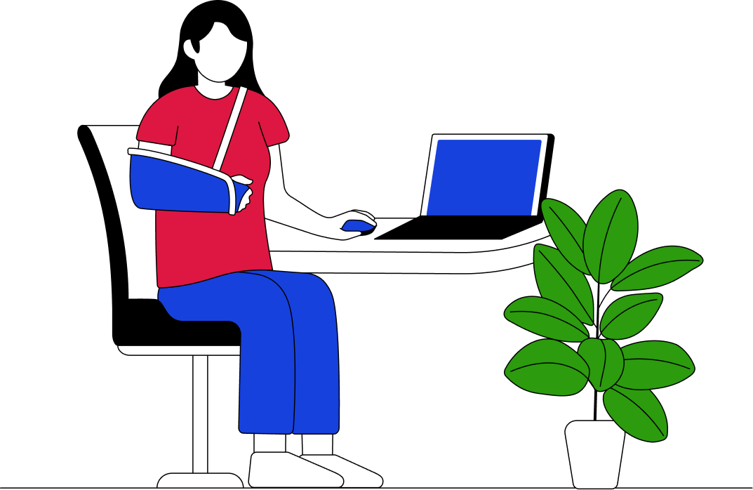 Person with an arm in a sling using a laptop one-handed, representing how disabilities can be temporary as well as permanent