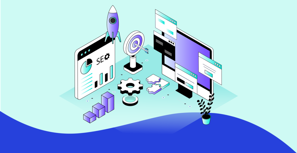 Illustration showing website dashboards, charts, gears and tools, with a rocket and target symbol to suggest growth and optimisation. The scene illustrates how accessible web design supports better performance and a better user experience.