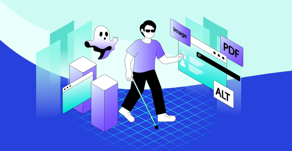 a blind person using a white cane to navigate a digital space. A ghost floats behind them, representing the frustration of inaccessible websites. Floating icons labelled Image, PDF, and ALT highlight accessibility barriers.