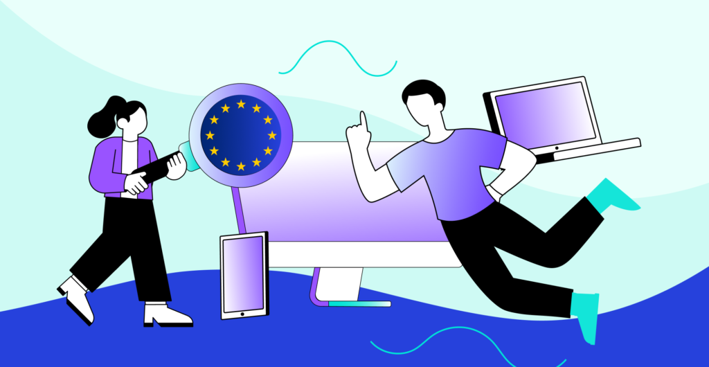 Illustration of a woman examining a large computer screen with a magnifying glass containing the EU flag, while a man leaps past holding a laptop, with a tablet nearby. The scene represents businesses inspecting their digital services for European Accessibility Act compliance.