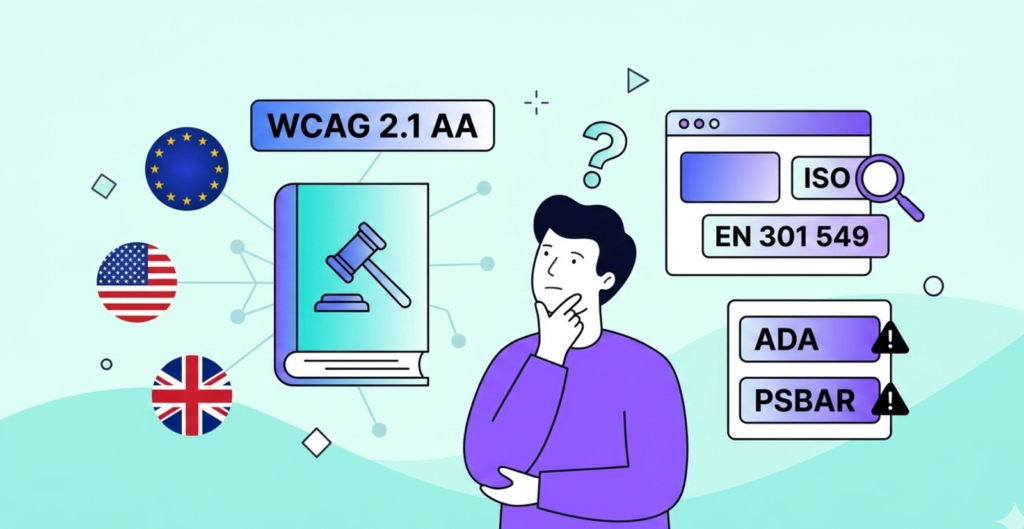A confused man stands with a question mark over his head. Around him are icons representing accessibility laws in different parts of the world. Some are a gavel in a book, and buttons that say EN 301 549, ADA, and PSBAR.