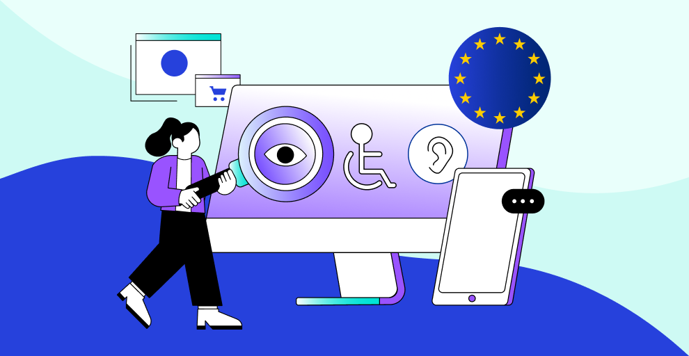 Illustration of a person holding a magnifying glass beside a large computer screen showing accessibility icons for vision, mobility, and hearing. A smartphone, shopping cart, and the European Union flag are also visible, symbolising digital accessibility and key changes in the EU Accessibility Act taking effect June 28, 2025.
