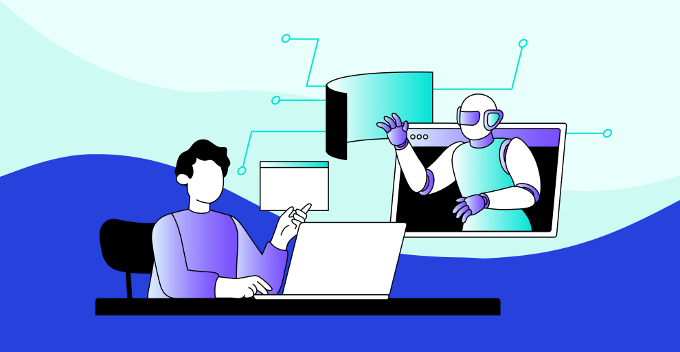  Illustration of a person working at a laptop while a robot appears from a screen, symbolising the role of AI. The graphic represents manual versus AI accessibility testing, highlighting why plugins and automation alone cannot guarantee a fully inclusive website.