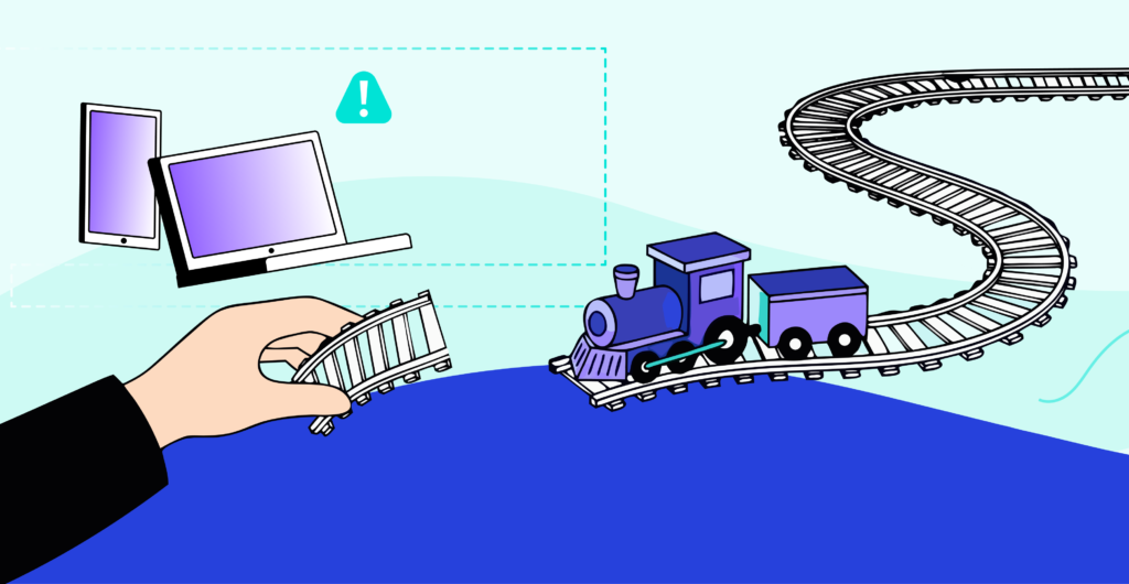 A toy train going down a track with a human hand adding track pieces in front of it, controlling its direction and destination. Mobile devices and laptops float in the background with exclamation marks