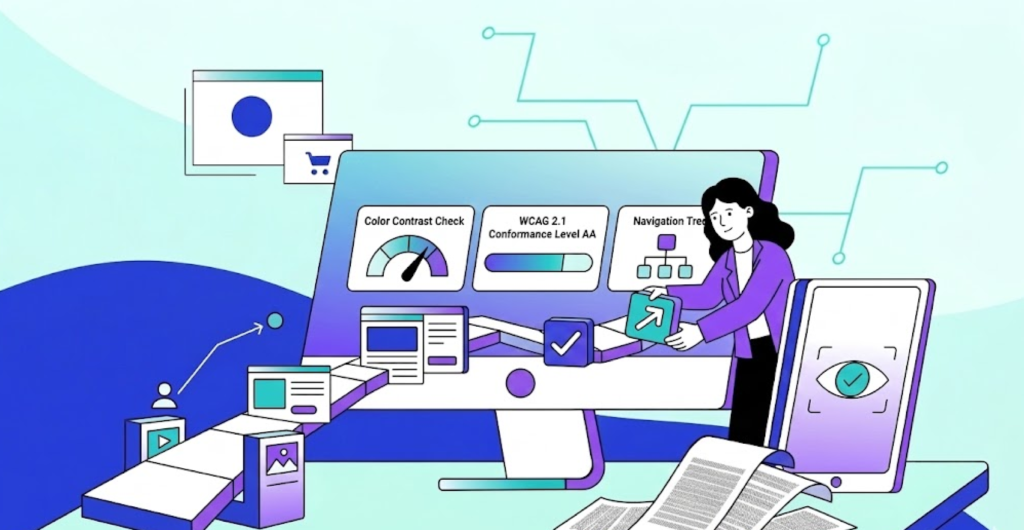 A woman in a purple jacket working on website accessibility checks. She is interacting with floating modules on a computer screen that display 'Colour Contrast Check', 'WCAG 2.1 Conformance Level AA', and 'Navigation Tree'.