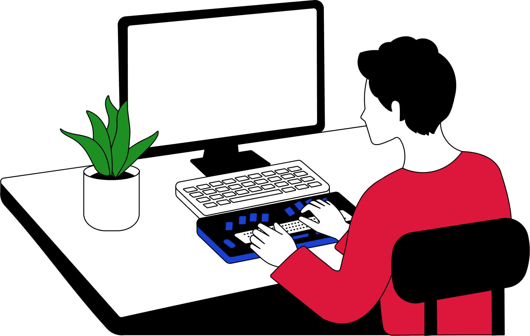 Person using a braille keyboard and refreshable braille display, illustrating assistive technology for accessibility.