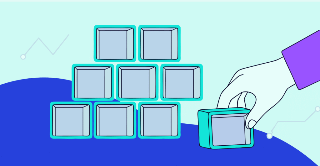 8 vibrant coloured boxes are stacked together on a dynamic blue background. A hand is adding a 9th box. each box represents an additional rule for the WCAG 2.2 release date