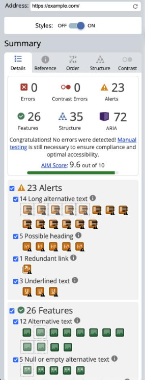 The WAVE summary panel for the tested page: 0 errors, 0 contrast errors, 23 alerts, 26 features, 35 structural elements and 72 ARIA items, with an AIM score of 9.6 out of 10. The alerts break down as 14 long alternative text, 5 possible heading, 1 redundant link and 3 underlined text.