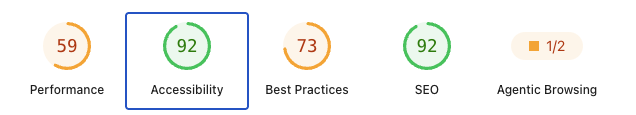 Lighthouse scores for the tested page: Performance 59, Accessibility 92, Best Practices 73, SEO 92.